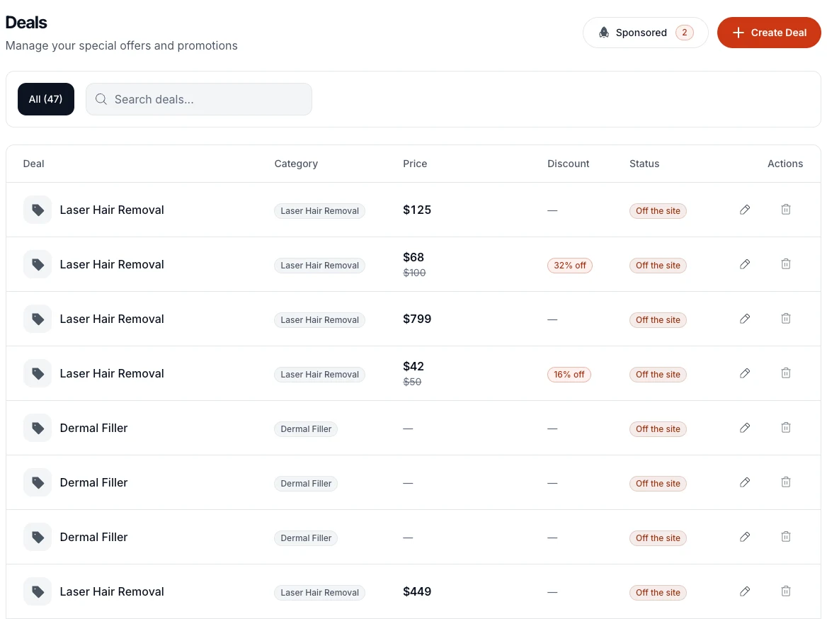 The CostFinders business dashboard's deals list: each deal with its category, price, discount and whether it is on the site.